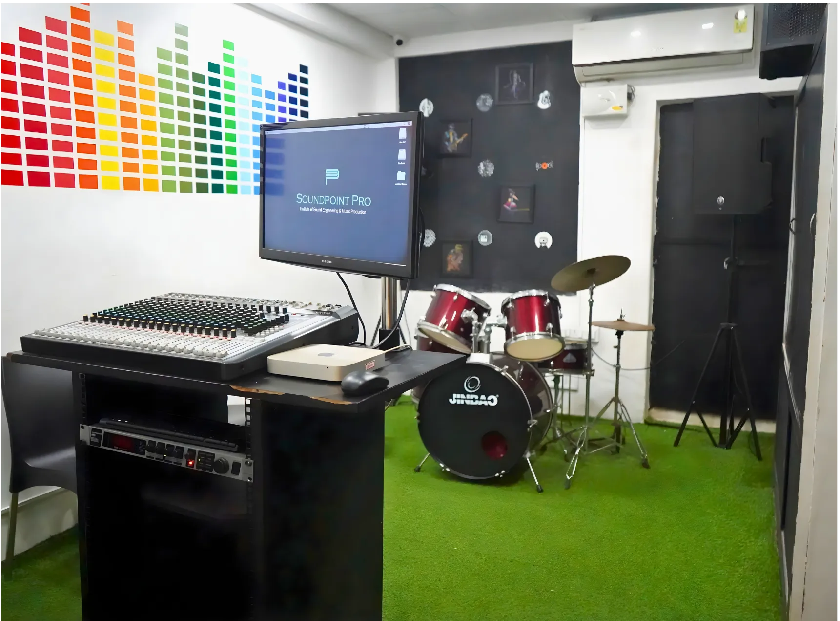 Drum set and cymbals in the soundproofed jam room