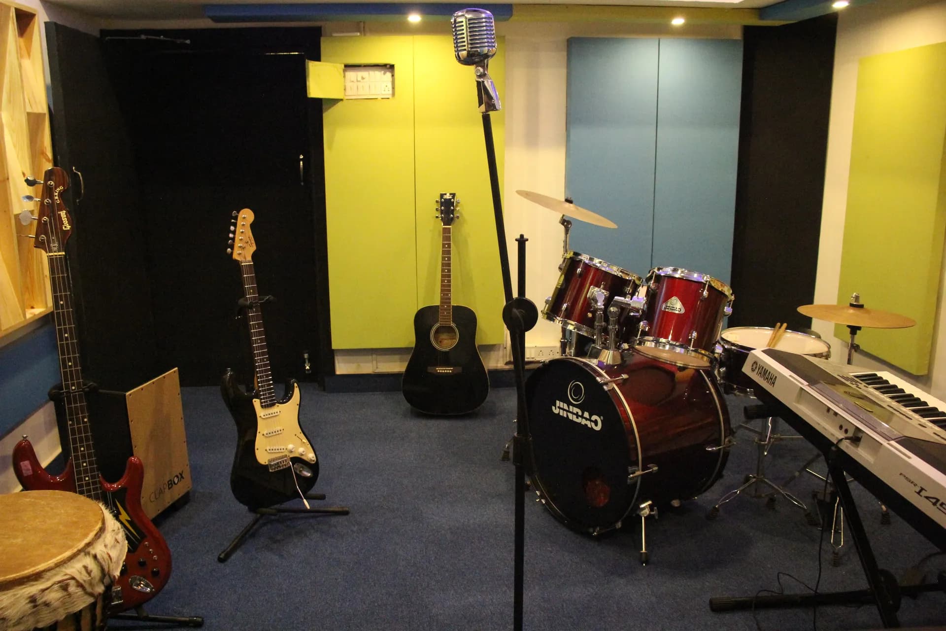 Microphones and PA setup in the jam room